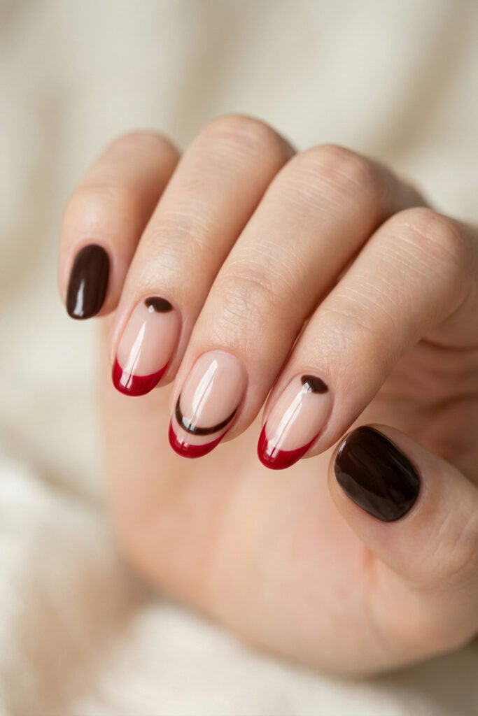 Brown And Red Nails That Make Every Look Richer 1 Close up of almond nails with red French tips brown swirl accents and glossy dark brown polish against a soft neutral background