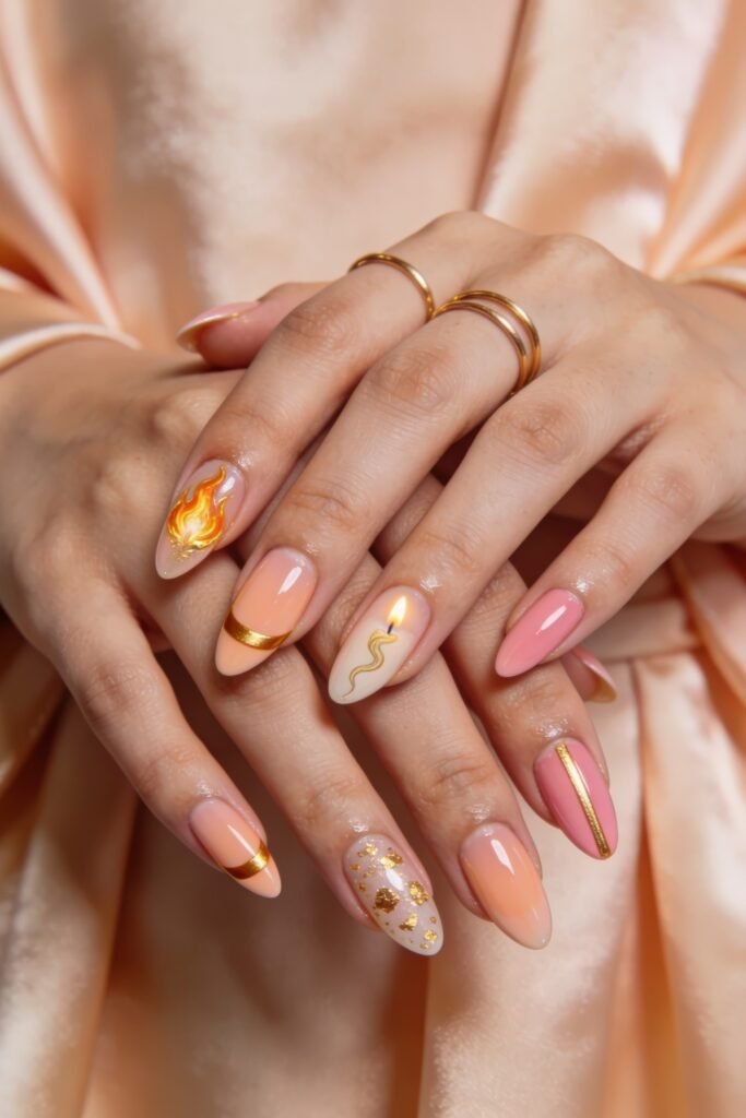 Gold Birthday Nails That Feel So Chic 1 Two hands with glossy almond-shaped peach and pink nails featuring gold accents, a flame design, a candle motif, and gold foil details against a soft satin background
