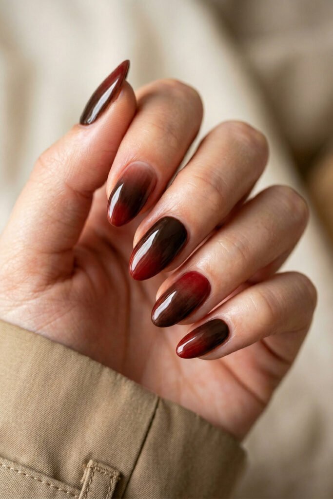 Brown And Red Nails That Make Every Look Richer 18 Hand with glossy almond nails in a blended red and brown ombre finish against a soft cream background
