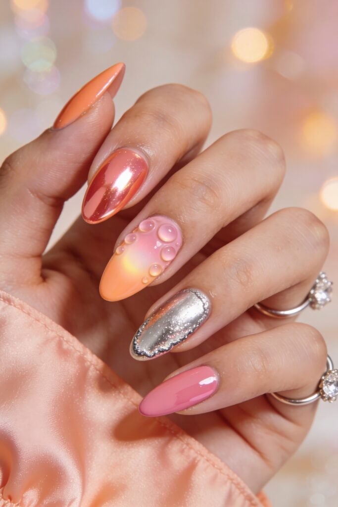 Summer Birthday Nails That Feel Fresh and Fun 19 Hand with glossy almond nails featuring peach chrome pink and silver finishes with 3D bubble details against peach satin fabric