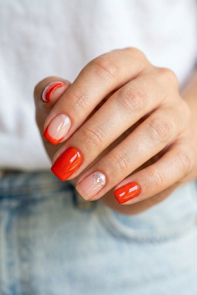 Short square nails with bright coral red polish a nude French tip accent and a sheer nail with silver glitter pieces
