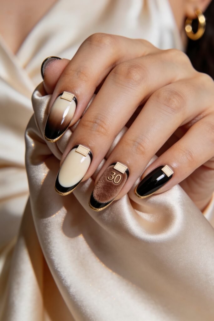 Close-up of cream, black, and mocha almond nails with gold outlines, tiny label-style accents, and a plush brown accent nail, holding champagne satin