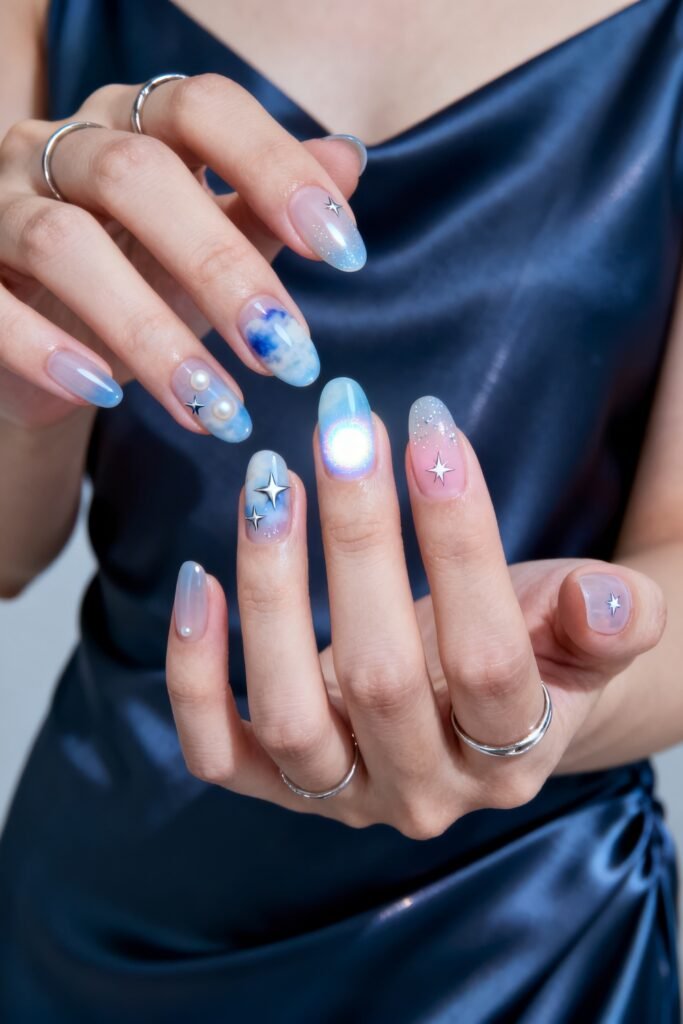 Both hands with dreamy pastel blue nails featuring soft cloud gradients, silver star decals, tiny pearls, and an iridescent glow against a navy satin dress