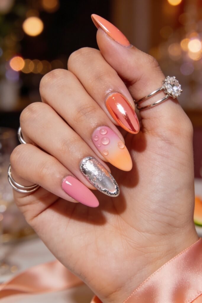 Summer Birthday Nails That Feel Fresh and Fun 20 Hand with glossy almond nails featuring peach chrome pink ombre 3D bubble details and a reflective silver accent against a warm bokeh background