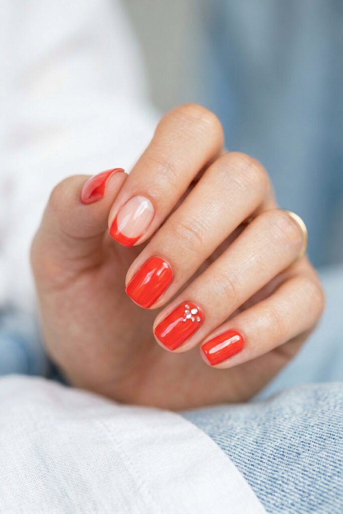 Close up of short square nails with glossy coral red polish a nude French tip accent and a rhinestone detail nail