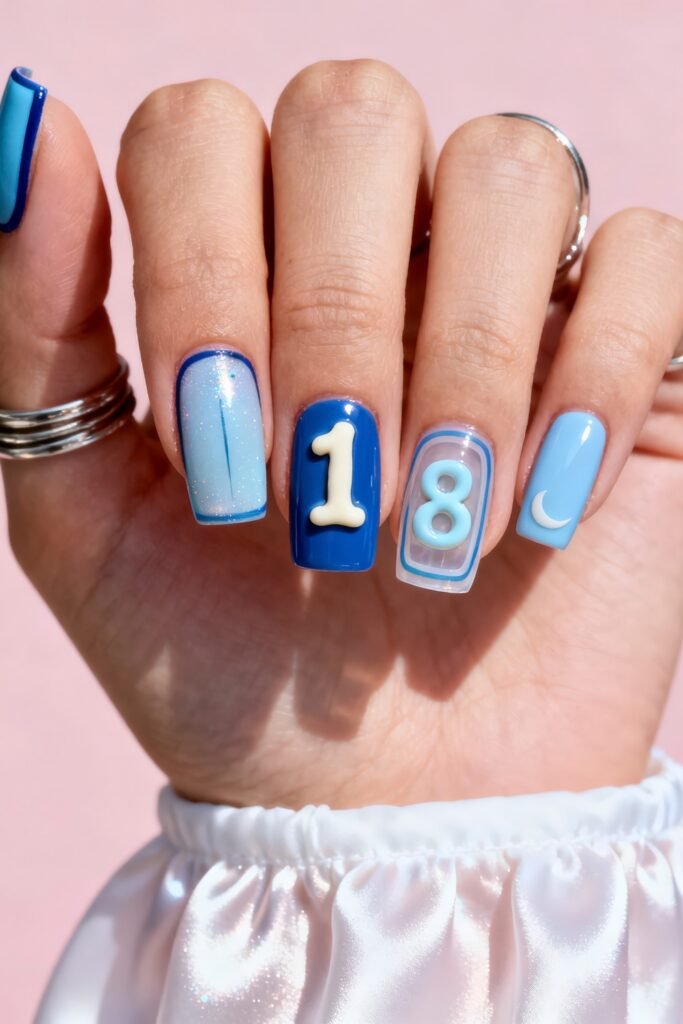 Close-up of short square blue nails with a white 1 and 8, a crescent moon, and subtle shimmer, styled against a pink background and white satin sleeve