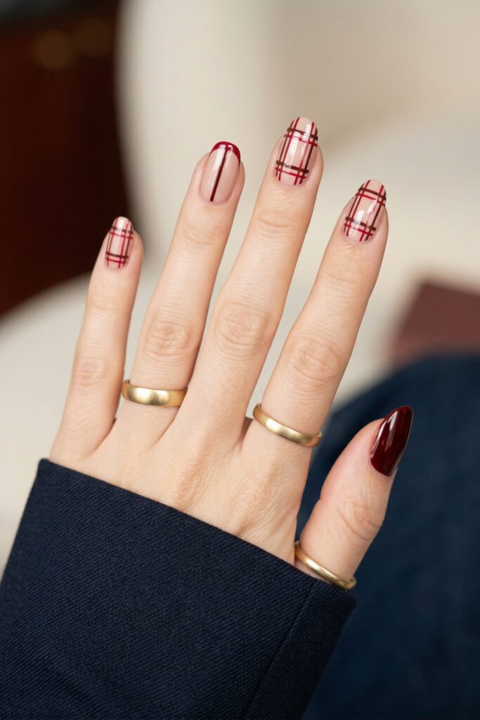 Brown And Red Nails That Make Every Look Richer 19 Hand with nude almond nails featuring burgundy and brown plaid accents with one glossy burgundy accent nail against a soft indoor background