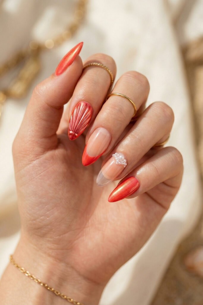 Close up of almond nails with metallic coral shimmer shell art a red French tip and a sheer accent nail featuring tiny pearl details