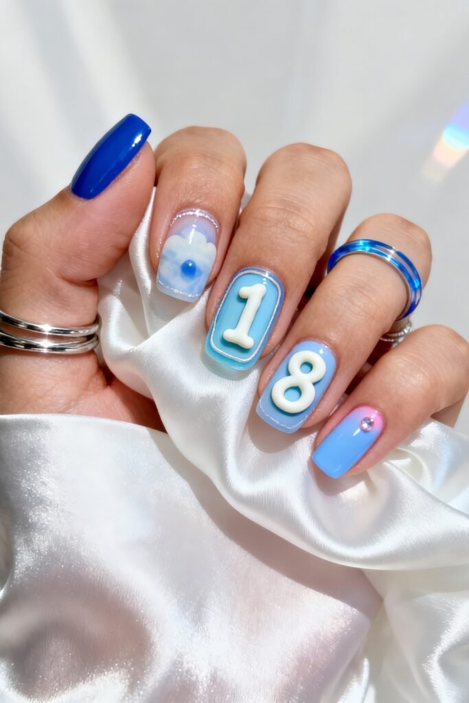 Hand holding white satin with glossy blue birthday nails featuring raised 1 and 8 numbers, a cloud design, and a pink-to-blue ombré accent nail with a rhinestone