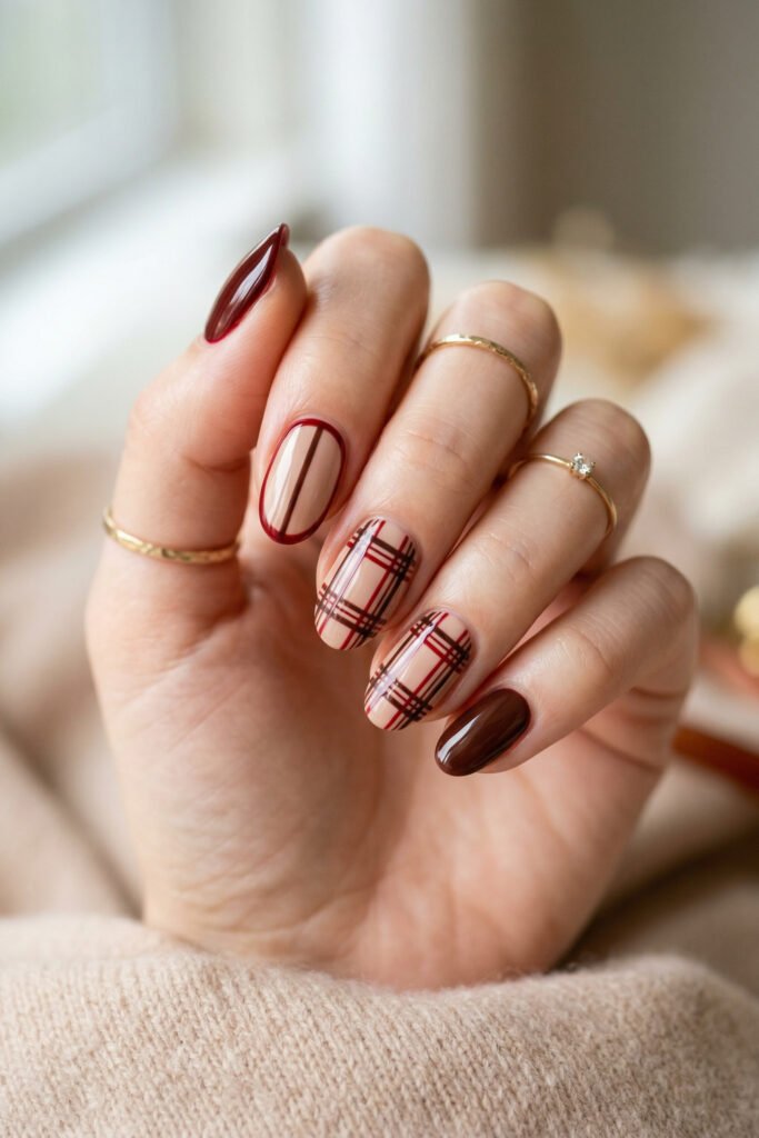 Brown And Red Nails That Make Every Look Richer 20 Hand with nude nails featuring burgundy plaid accents oval outline art and a glossy brown accent nail against a soft neutral background