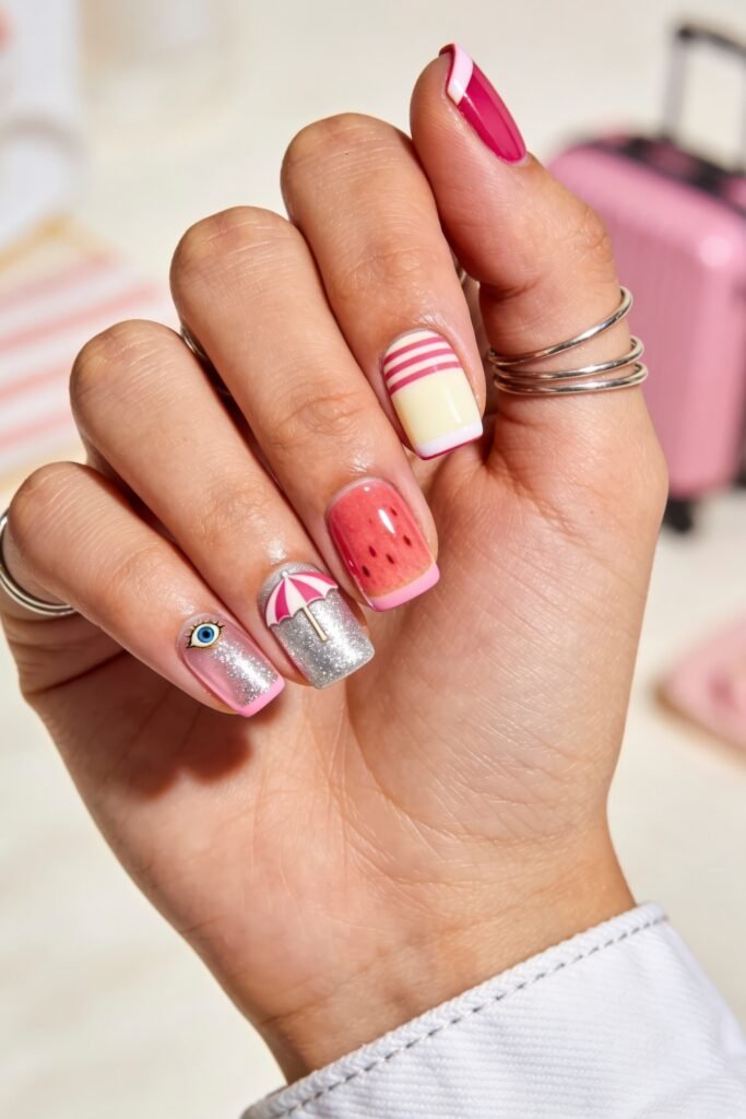 Summer Birthday Nails That Feel Fresh and Fun 22 Hand with playful pink nails featuring watermelon art striped accents silver glitter a tiny blue evil eye and a pink umbrella design