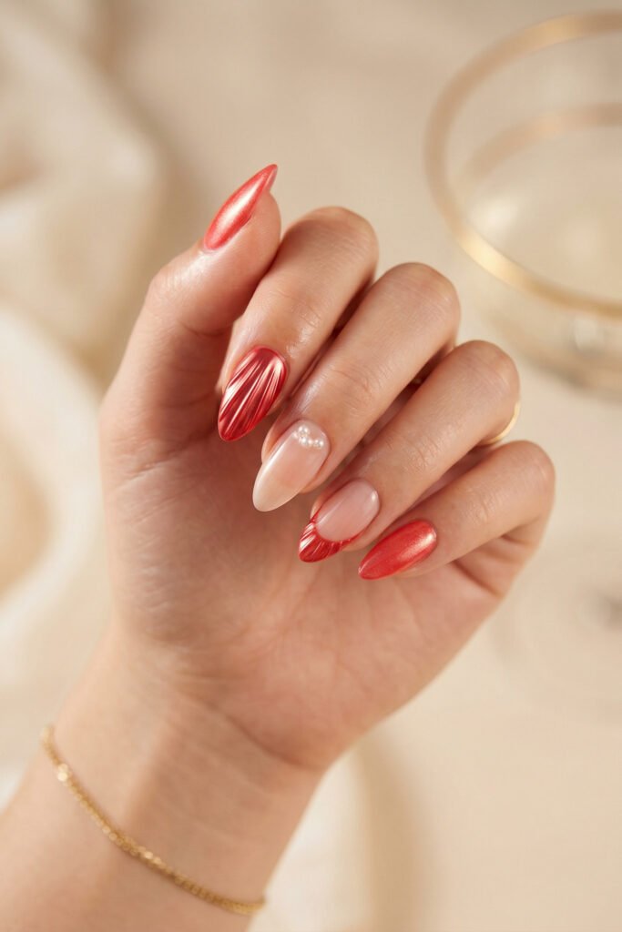 Almond nails with metallic coral shimmer shell texture soft nude bases and delicate pearl accents against a warm creamy background
