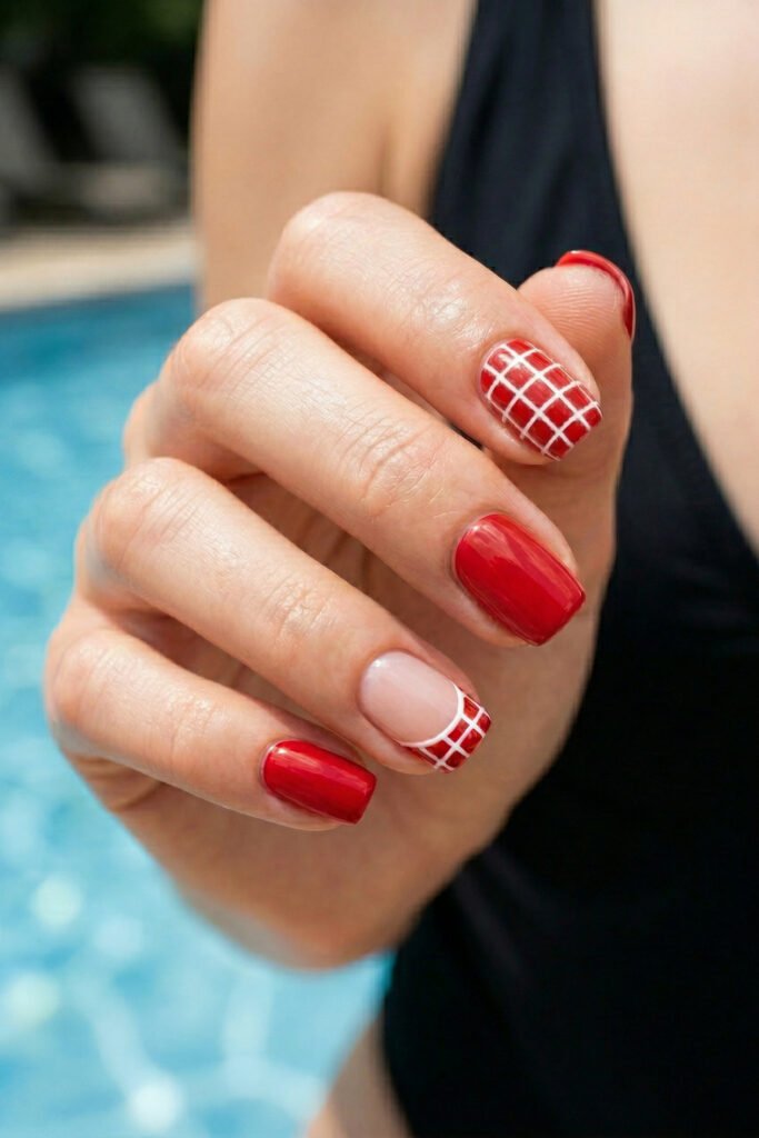 Poolside close up of short square nails with glossy red polish and crisp white grid accents for a modern summer manicure