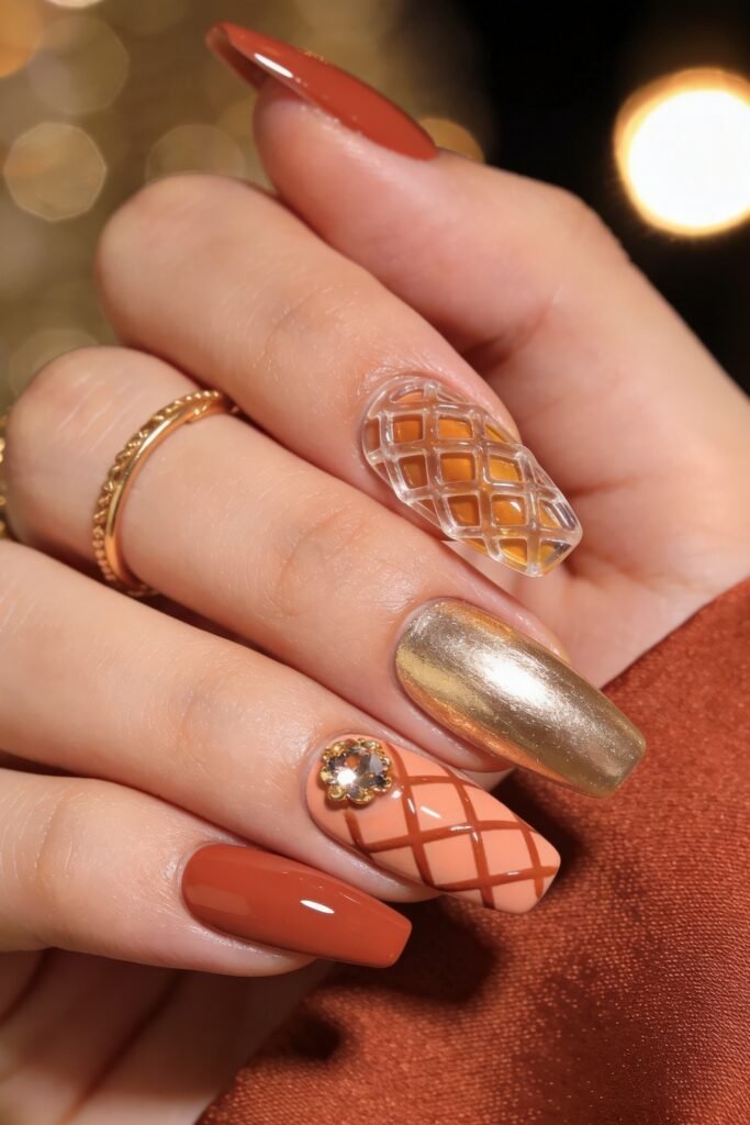 Summer Birthday Nails That Feel Fresh and Fun 24 Close view of brown and peach nails featuring a raised clear grid accent gold chrome and a peach plaid nail with a crystal charm