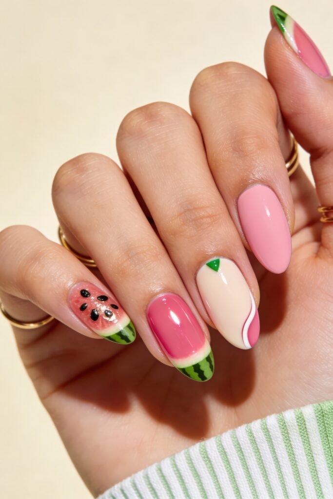 Summer Birthday Nails That Feel Fresh and Fun 25 Hand with watermelon inspired nails featuring pink and green tips a watermelon slice accent and soft pink abstract designs