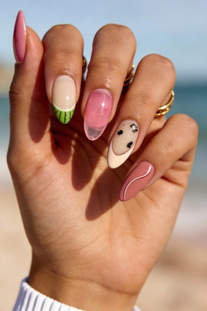 Summer Birthday Nails That Feel Fresh and Fun 27 Hand at the beach with glossy pink and cream nails featuring a watermelon tip a translucent pink accent and a tiny black heart design