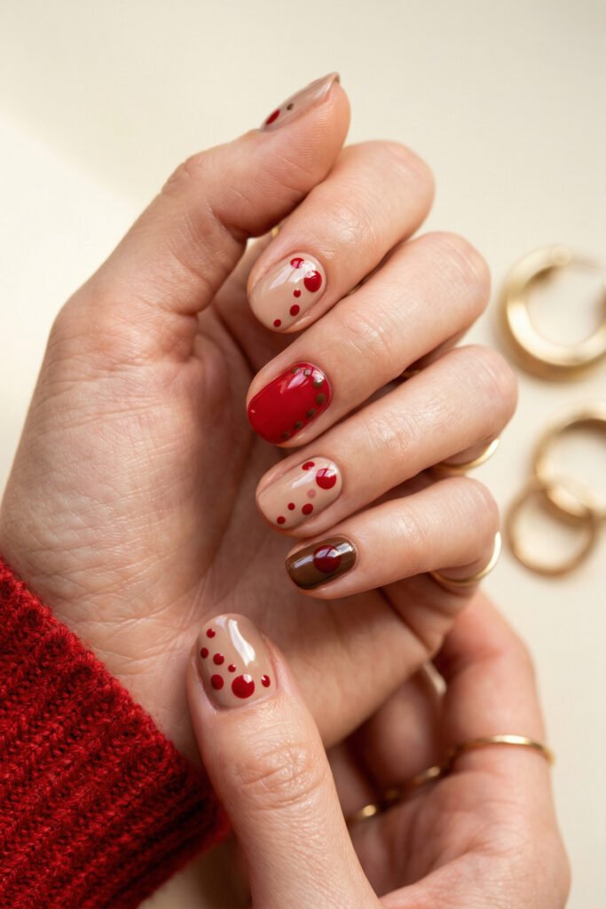 Brown And Red Nails That Make Every Look Richer 25 Hand with short nude and red nails featuring dotted cherry inspired accents and one glossy brown accent nail against a light background