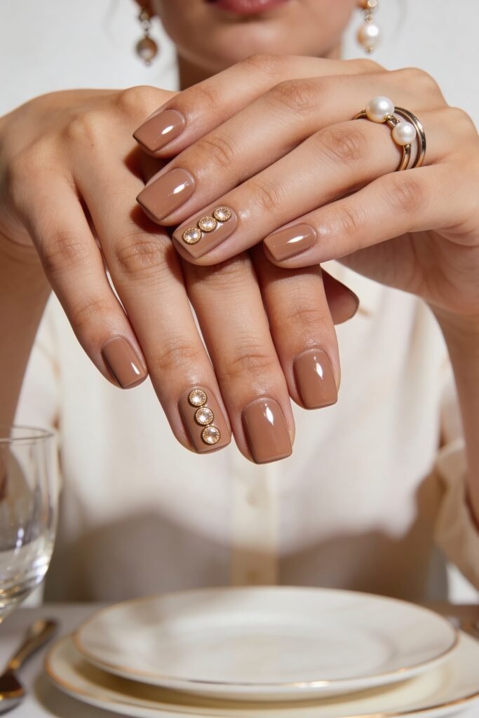 Two hands with glossy taupe square nails, featuring accent nails decorated with three pearl-like rhinestones in gold settings