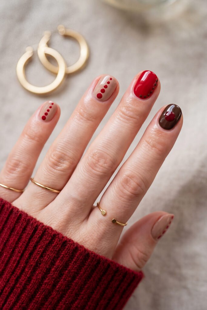 Brown And Red Nails That Make Every Look Richer 26 Hand with nude and red short nails featuring dot patterns a glossy red accent nail and a brown accent nail against a soft gray background