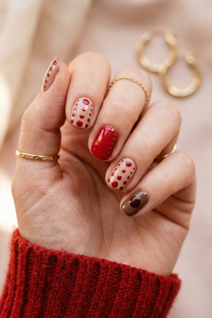 Brown And Red Nails That Make Every Look Richer 27 Close up of short nude and red nails featuring dotted cherry style accents and one glossy brown accent nail with a red circle