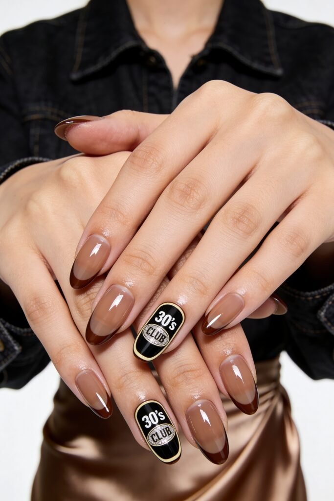 Two hands with glossy taupe ombré almond nails and deep brown French tips, featuring black oval accent nails with cream borders and the text 30's CLUB in white and silver