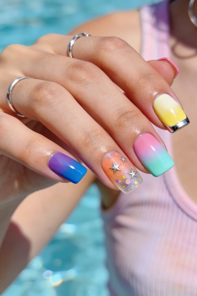 Summer Birthday Nails That Feel Fresh and Fun 3 Hand by a pool with square nails in blue pink mint and yellow gradients featuring silver stars confetti and a chrome French tip