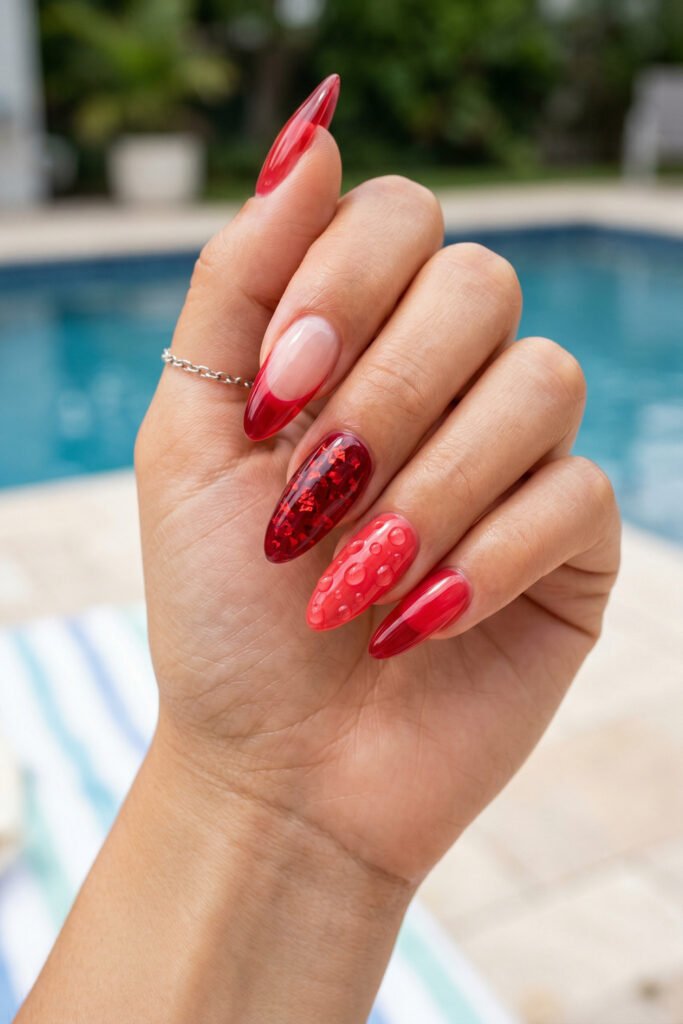 Poolside manicure with red jelly almond nails featuring a glitter accent a coral droplet design and glossy ombre tips