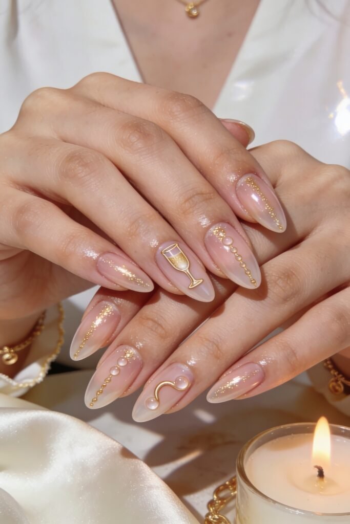 Both hands with glossy pale pink almond nails featuring gold glitter lines, pearl accents, and a champagne glass nail art design beside a lit candle