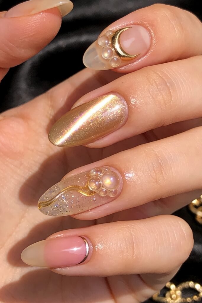 Gold Birthday Nails That Feel So Chic 4 Close-up of almond nails featuring a gold chrome nail, a translucent glitter nail with pearl bubbles and a gold wave, a crescent moon charm, and a pink ombré tip