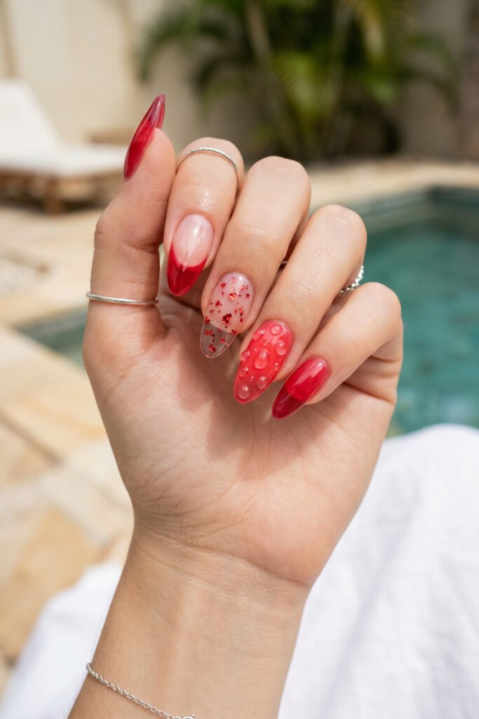 Close up of almond nails by the pool with red ombre tips a clear red glitter accent and a coral 3D water droplet design