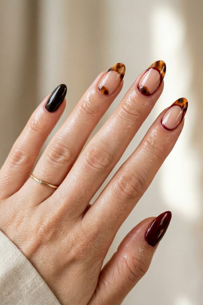 Brown And Red Nails That Make Every Look Richer 5 Hand with almond nails featuring tortoiseshell French tips burgundy outline accents and glossy dark brown polish against a soft cream background