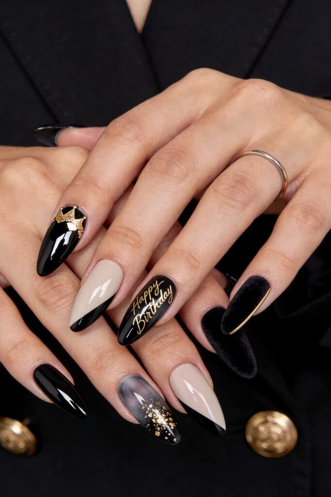 Gold Birthday Nails That Feel So Chic 5 Two hands with black and nude almond nails featuring gold foil, gold script reading Happy Birthday, glitter accents, and a black velvet textured nail