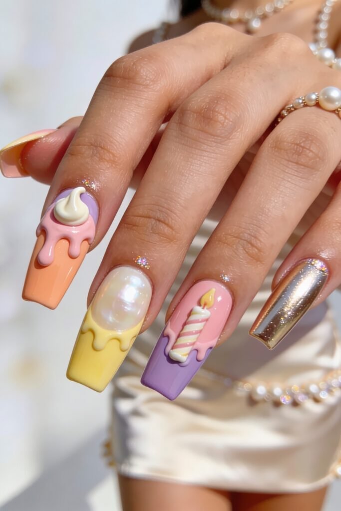 Summer Birthday Nails That Feel Fresh and Fun 5 Hand with long pastel dessert nails featuring dripping icing a 3D swirl a candle design a pearly accent and one reflective chrome nail