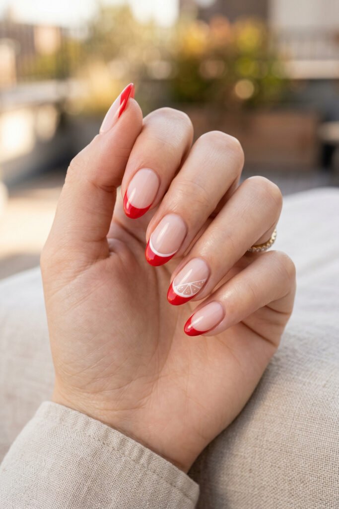 Nude almond nails with bold red French tips and a delicate citrus slice accent styled in a soft sunlit outdoor setting