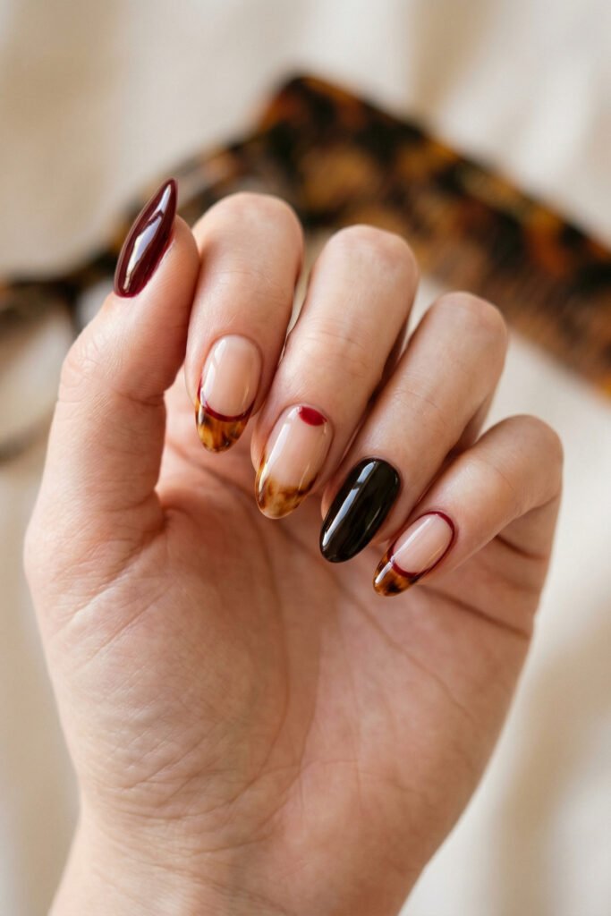 Brown And Red Nails That Make Every Look Richer 6 Close up of almond nails with tortoiseshell French tips burgundy outline details and one glossy black accent nail