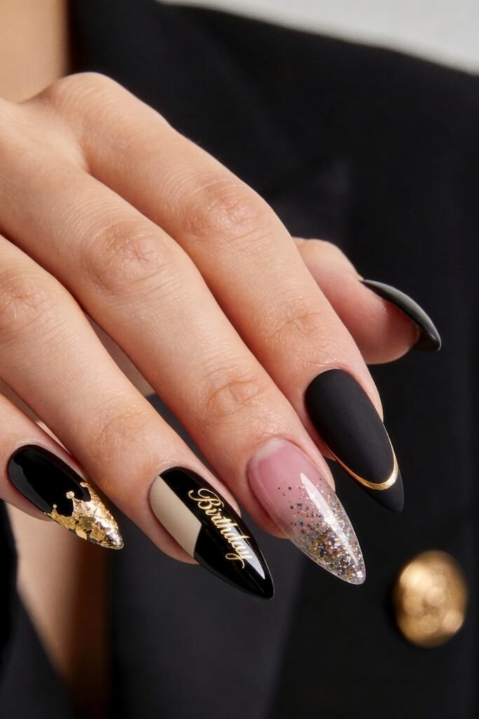 Gold Birthday Nails That Feel So Chic 6 Close-up of black and nude almond nails with gold foil, gold script reading Birthday, silver glitter ombré, and a matte black nail with a curved gold line