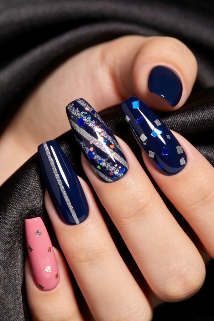 Close-up of long navy and pink nails with silver glitter striping and scattered metallic confetti, posed against black satin fabric