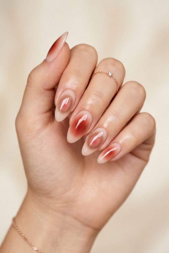 Brown And Red Nails That Make Every Look Richer 7 Hand with sheer blush almond nails featuring soft red aura centers and a delicate gold ring against a light neutral background