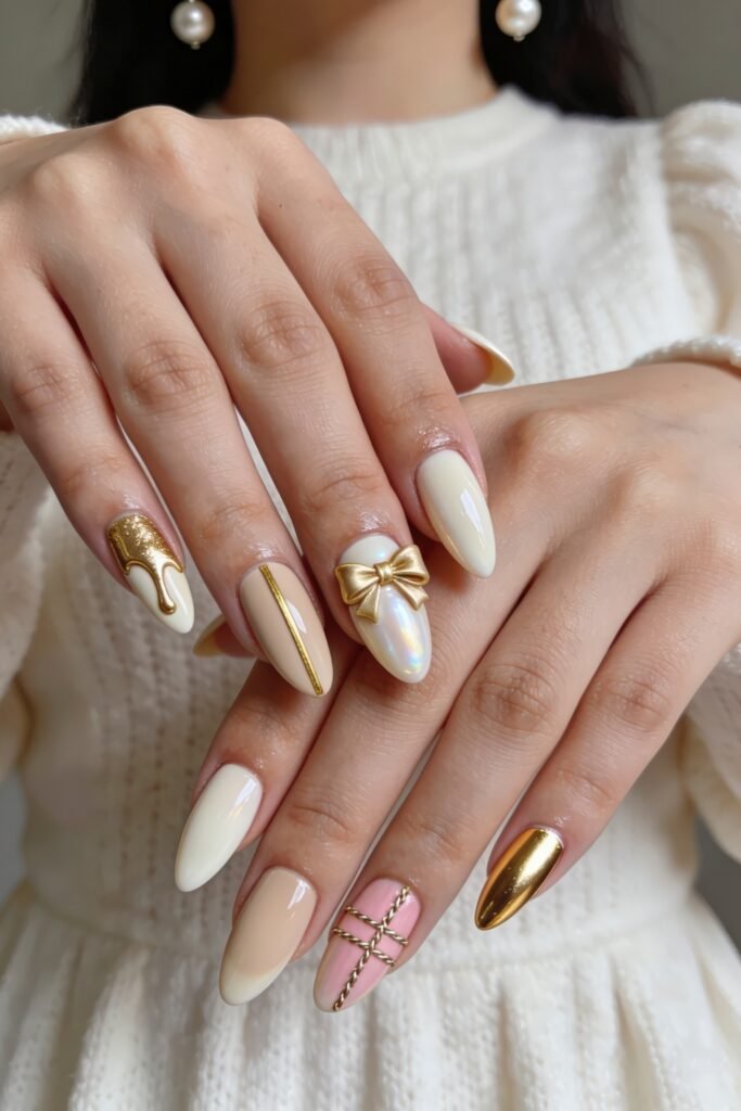 Gold Birthday Nails That Feel So Chic 7 Two hands with glossy almond nails in ivory, blush, and gold featuring a metallic drip design, fine gold lines, a pearl finish, a 3D gold bow, and a chrome gold accent nail