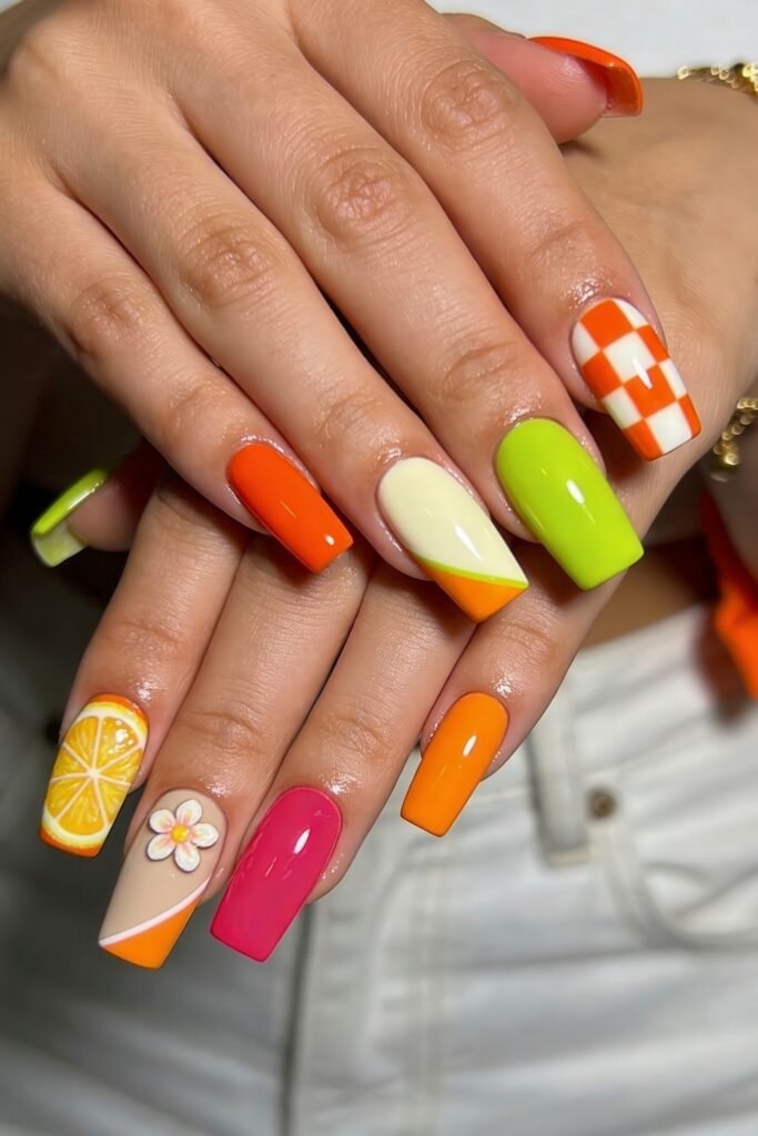 Summer Birthday Nails That Feel Fresh and Fun 8 Two hands with vivid summer nails featuring checkerboard citrus flower and neon color block designs in orange pink green and cream