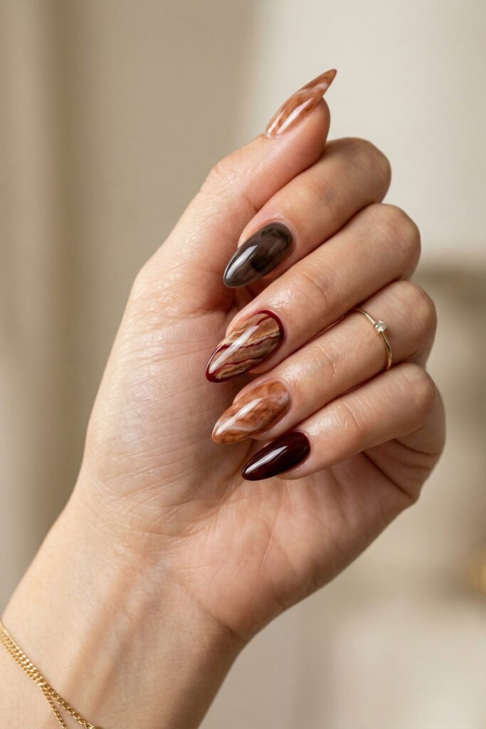 Brown And Red Nails That Make Every Look Richer 8 Hand with glossy almond nails featuring smoky brown marbling burgundy accents and warm caramel tones against a soft beige background