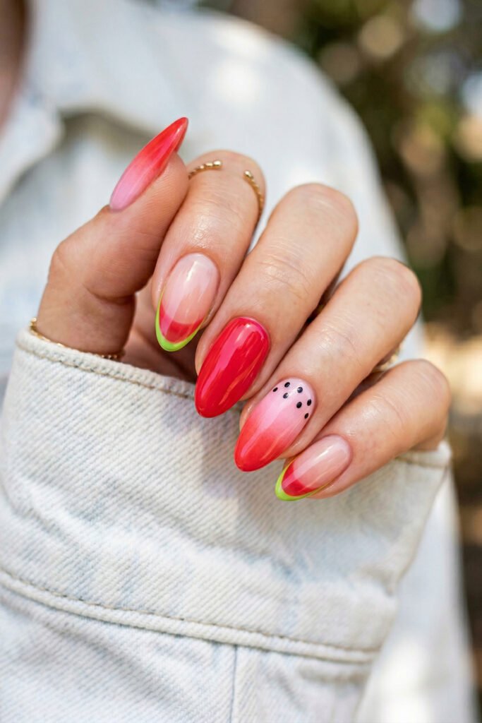 Watermelon inspired almond nails with red ombre polish lime green French tips and tiny black seed accents in outdoor light