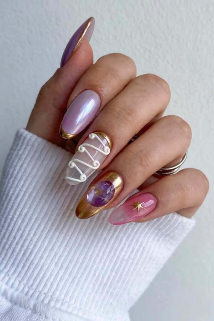 Gold Birthday Nails That Feel So Chic 10 Close-up of a hand in a white sleeve with glossy almond nails in pearly lavender, sheer pink, and gold, featuring white 3D scrollwork, a marbled purple accent, and a gold star charm
