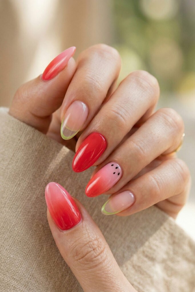 Close up of watermelon inspired almond nails with glossy red ombre color lime green tips and tiny black seed accents