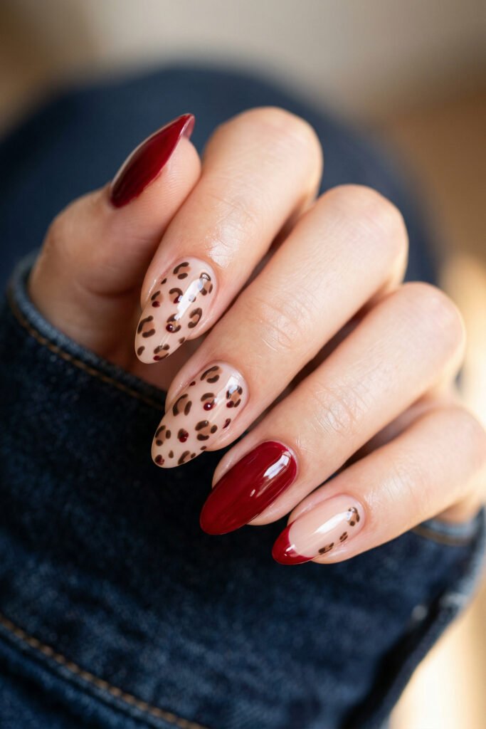 Brown And Red Nails That Make Every Look Richer 10 Close up of burgundy almond nails with nude leopard print accents and a burgundy French tip against a soft denim background