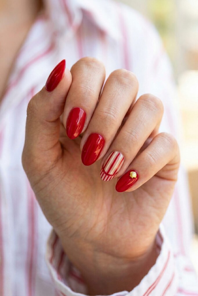 Close up of glossy red almond nails with a striped accent nail and a tiny gold shell charm against a pink striped shirt