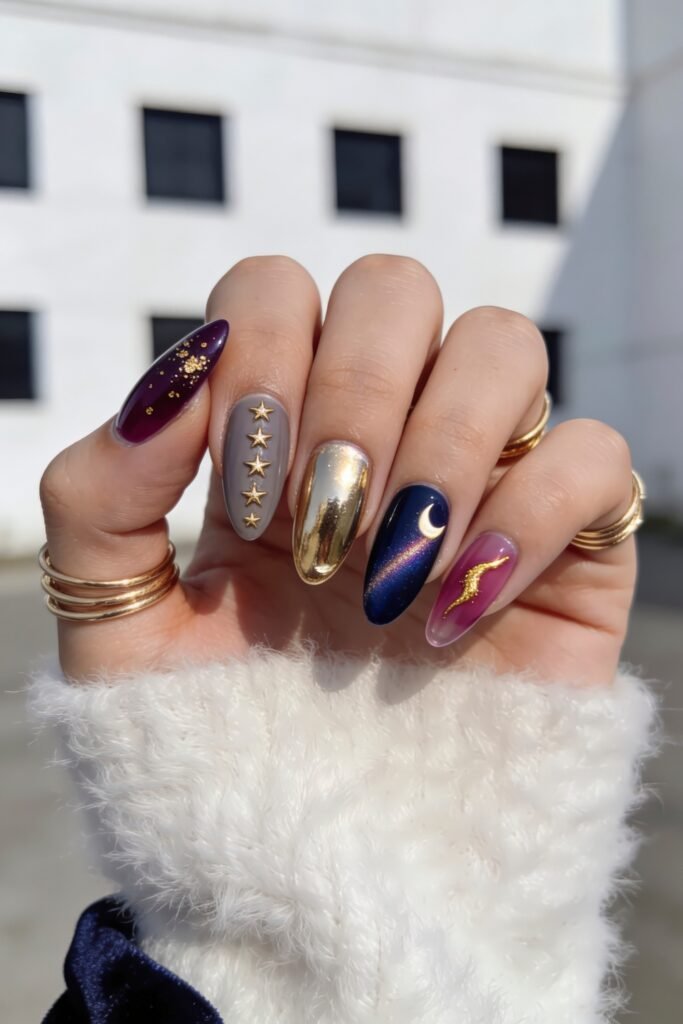 Gold Birthday Nails That Feel So Chic 12 Outdoor close-up of almond nails in burgundy, taupe, gold, navy, and magenta featuring gold glitter, raised gold stars, a chrome gold nail, a crescent moon, and a gold wave accent