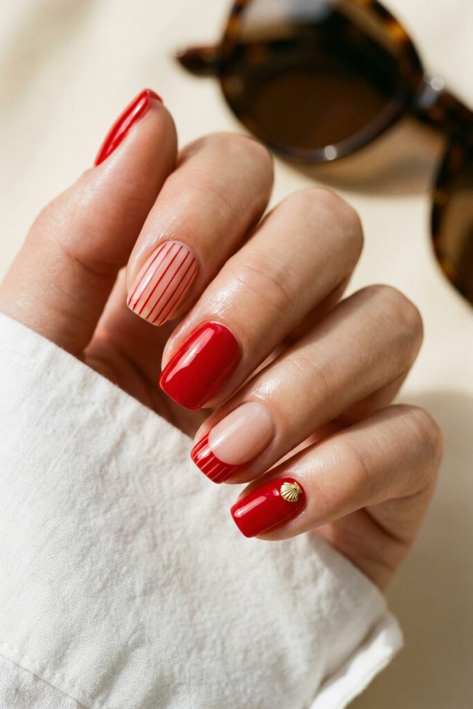 Short square nails with glossy red polish fine red stripes a negative space accent and a tiny gold shell charm beside sunglasses