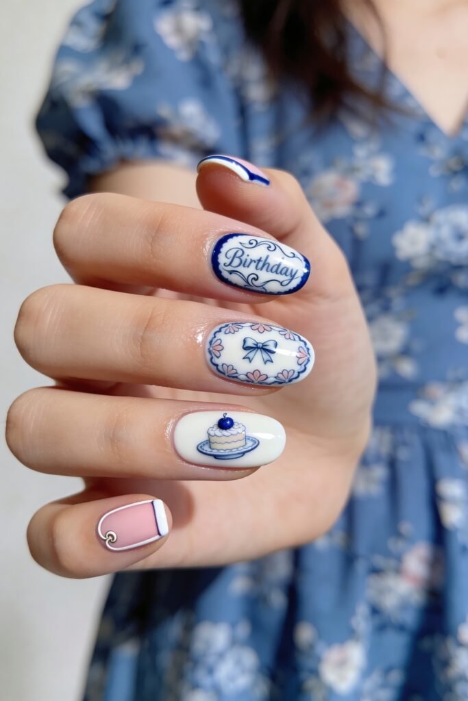 Close-up of short porcelain-inspired nails in blue, white, and pink with Birthday lettering, a blue bow motif, and a small cake illustration