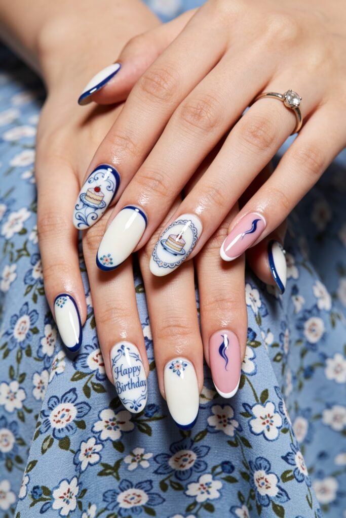 Both hands with porcelain-style birthday nails in white, blue, and pink, featuring cake illustrations, floral details, and Happy Birthday lettering over blue floral fabric